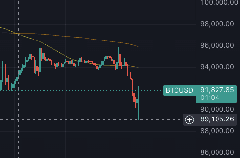 Bitcoin-Kurs fiel kurzzeitig unter 90.000 Dollar, erholte sich jedoch schnell.