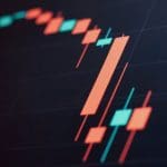 Candlestick-Chart mit roten und grünen Kerzen, die einen fallenden Bitcoin-Kurs anzeigen. Marktvolatilität von Kryptowährungen und technische Analyse digitaler Vermögenswerte